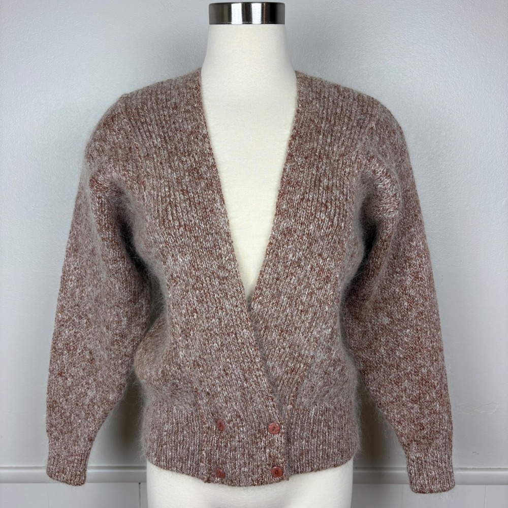 St. Michael Mohair Blend Cardigan Size 12 UK/8 US Brown White Fuzzy Cozy Retro‎